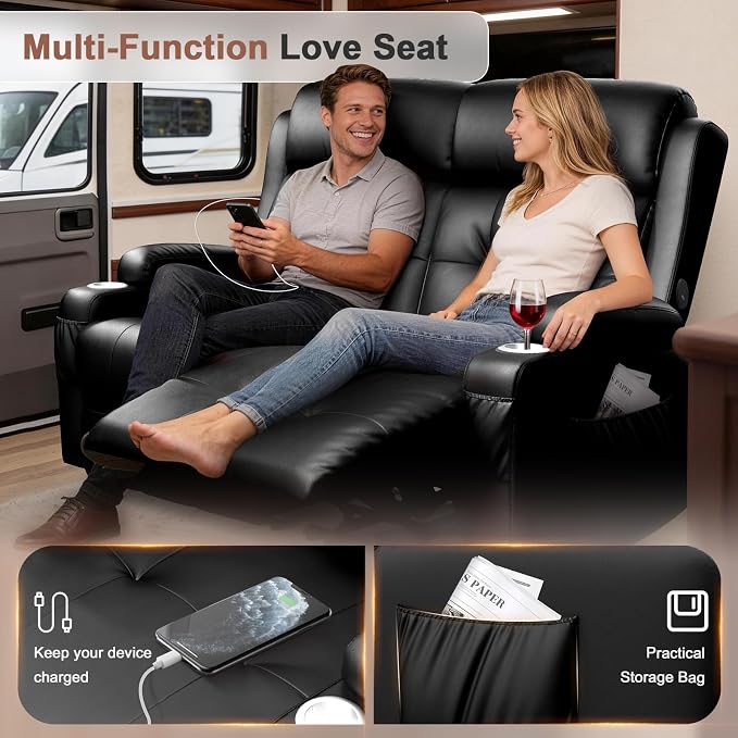 Reclining Loveseat, 55.1" RV PU Leather Wall Hugger Recliner Love Seats Sofa with Charging Station, Removable Armrest, Cup Holder, Double Recliners Couch, Manual Love Seat for Living Room