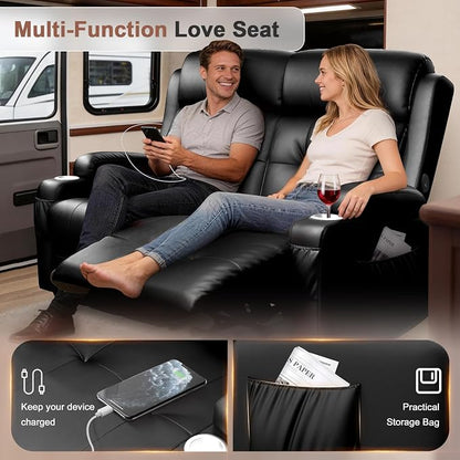 Reclining Loveseat, 55.1" RV PU Leather Wall Hugger Recliner Love Seats Sofa with Charging Station, Removable Armrest, Cup Holder, Double Recliners Couch, Manual Love Seat for Living Room