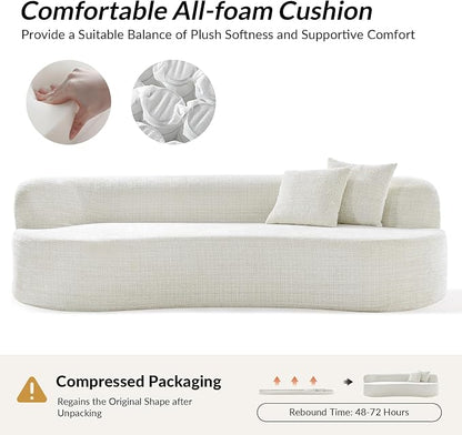95" Modern Curved Compressed Sofa, All-Foam 3-Seater Cloud Couch with 2 Pillows, No Assembly Required Boneless Sofas for Living Room, Ivory
