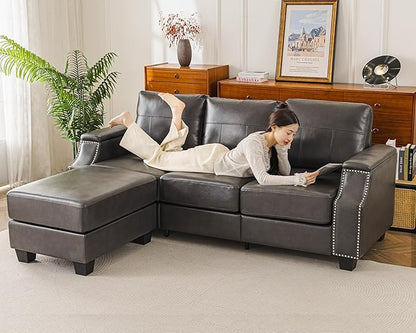 85'' Faux Leather Couch with Armrest Organizer,Sectional Sofa with Storage Movable Ottoman,Solid Wooden Frame,Thick Cushion,3 Seater L Shaped Couches for Living Room,Apartment,Home Furniture,Gray