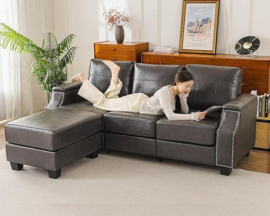 85'' Faux Leather Couch with Armrest Organizer,Sectional Sofa with Storage Movable Ottoman,Solid Wooden Frame,Thick Cushion,3 Seater L Shaped Couches for Living Room,Apartment,Home Furniture,Gray