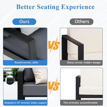 2 Pieces Aluminum Outdoor Armchair, Oversized Patio Couch, Modern Sofa All Weather Metal Furniture Set with 5" Cushions (Black/Dark Grey)