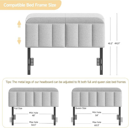 Adjustable Headboard for Full/Queen Size Bed Frame, Linen Fabric Bed Headboard with Storage & RGB LED Light in Modern Vertical Channel Design, Light Grey