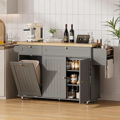 ONBRILL 60" Kitchen Island with Power Outlet & Drop Leaf, Rolling Island with Spice Rack & Towel Rack, Kitchen Island Cart with Trash Storage Cabinet, Island Table for Kitchen, Grey