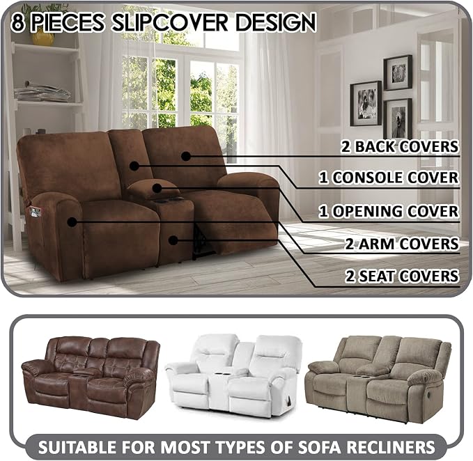 ULTICOR Reclining Love Seat with Middle Console Slipcover, 8-Piece Velvet Stretch 2 seat Loveseat Recliner Cover, Thick Soft, Washable (Chocolate)