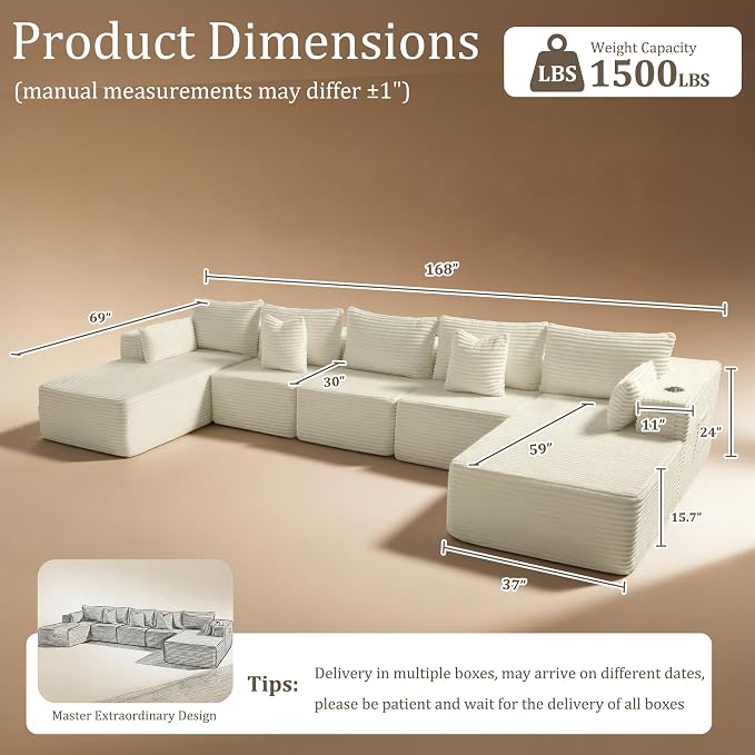 168" Cloud Sectional Couch, Comfort U Shaped Sofa for Living Room, Extra Deep Seats No Assembly, Minimalist Modular Couch, Corduroy (Cream, 7 Seats,U-Shape C)