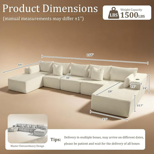 168" Cloud Sectional Couch, Comfort U Shaped Sofa for Living Room, Extra Deep Seats No Assembly, Minimalist Modular Couch, Corduroy (Cream, 7 Seats,U-Shape C)