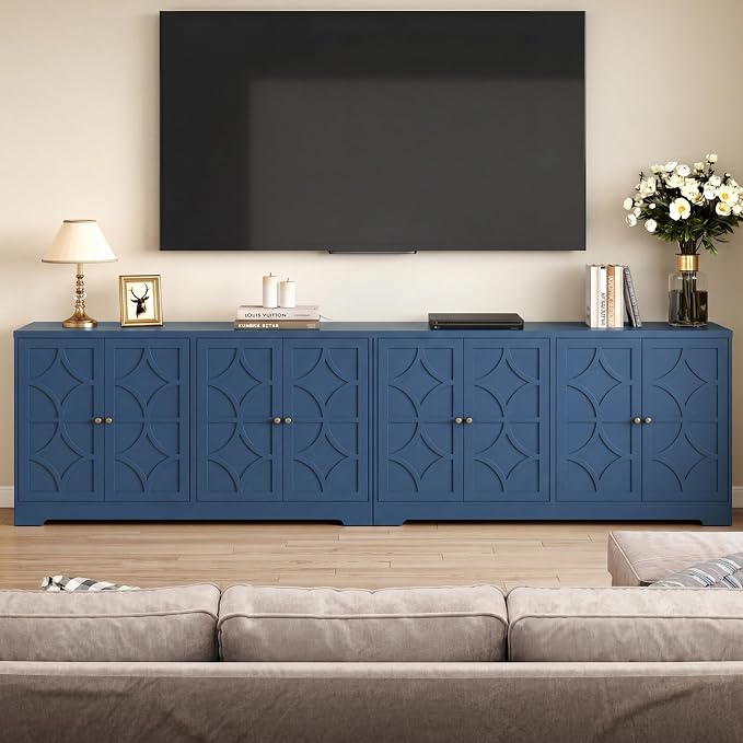 RoyalCraft 112'' Sideboard Buffet Cabinet with Storage, Modern Sideboard with 4 Carved Doors and Adjustable Shelves, Large Wood Coffee Bar Console Table for Kitchen, Dining Room, Blue