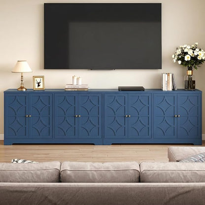 RoyalCraft 112'' Sideboard Buffet Cabinet with Storage, Modern Sideboard with 4 Carved Doors and Adjustable Shelves, Large Wood Coffee Bar Console Table for Kitchen, Dining Room, Blue