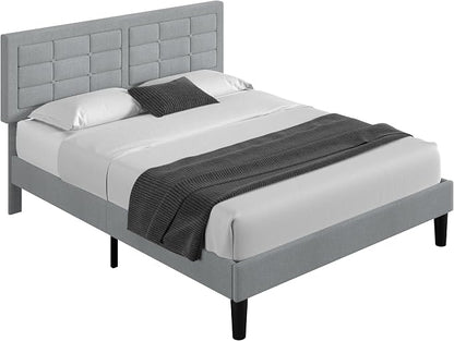 VECELO Queen Size Bed Frame, Adjustable Upholstered Button Tufted Headboard, Heavy-Duty Bedframe with Wood Slats Support, No Box Spring Needed, Linen & Light Grey