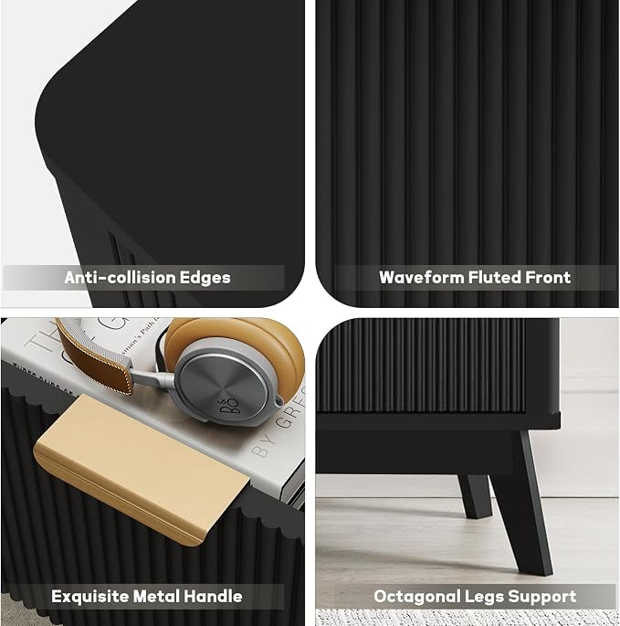 SUNWAVE 6 Drawer Dresser for Bedroom, 49.6" Wide Modern Fluted Dresser with Round Corner, Wood Chest of Drawers for Living Room (Black)