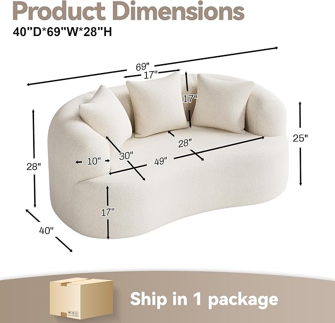 69" Curved Loveseat Sofa for Living Room, Modern Chenille Love Seat Cloud Couch, Luxury Plush Extra Deep Oversized Sofa for Small Spaces, Bedroom, Apartment‌, No Assembly Required, Cream White