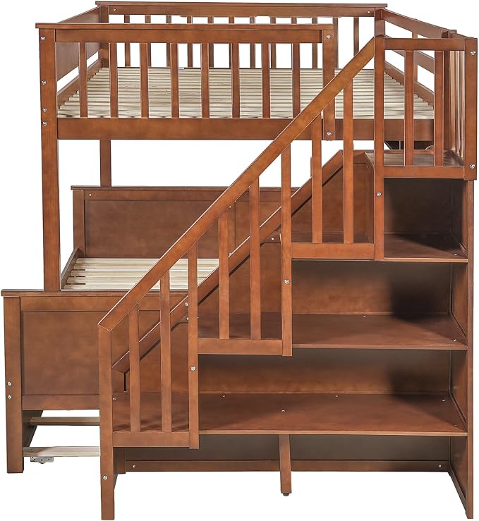 Modern Bunk Bed Full XL Over Queen Size with Storage Shelves and Staircase, Solid Wood Bunk Bed Frame with Trundle and LED Light for Kids Teens Adults (Walnut-3.9)
