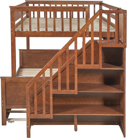 Modern Bunk Bed Full XL Over Queen Size with Storage Shelves and Staircase, Solid Wood Bunk Bed Frame with Trundle and LED Light for Kids Teens Adults (Walnut-3.9)
