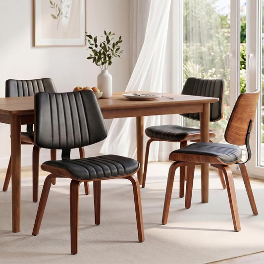 Armless Dining Chairs Set of 4, Walnut Black | Set of 4 armless chairs with ergonomic walnut bentwood back. Premium faux leather upholstery for lasting comfort