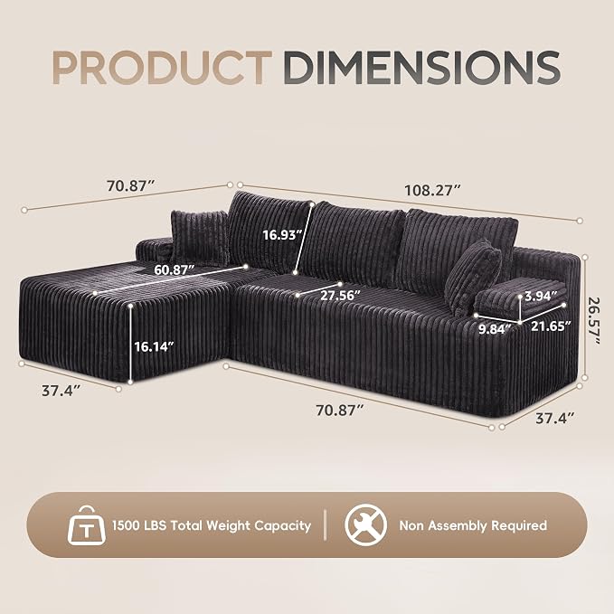 Hobestluk Boneless Couch Modular Sectional Sofa L-Shape Oversized Chaise | 108" Left Facing Chaise Black,Memory Foam,Removable Cover,Non-slip Bottom,No Assemble Required,Living Room Furniture