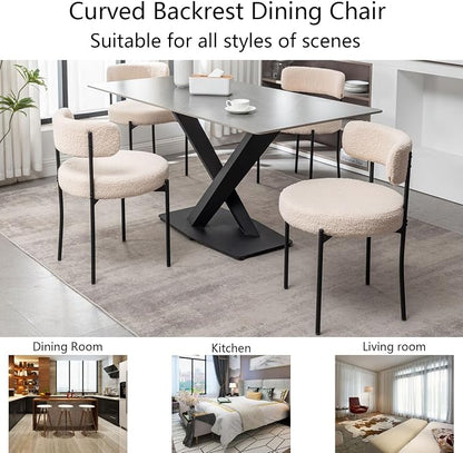 Cinxzar Boucle Dining Chairs Set of 4, Upholstered Dining Room Chairs with Black Metal Legs, Round Modern Dining Chair for Dining Room, Kitchen