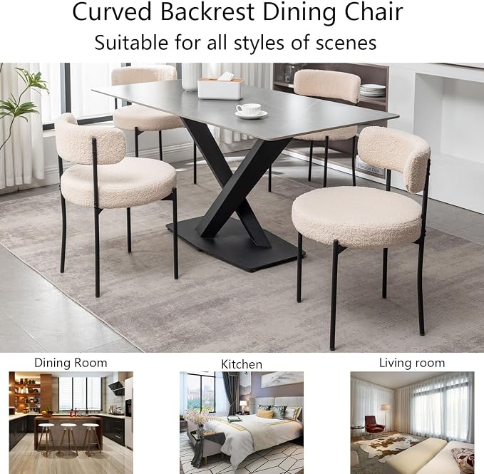 Cinxzar Boucle Dining Chairs Set of 2, Upholstered Dining Room Chairs with Black Metal Legs, Round Modern Dining Chair for Dining Room, Kitchen