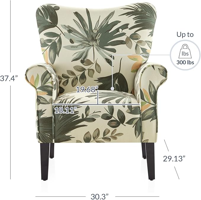 BELLEZE Modern Accent Chair, High Back Armchair, Upholstered Wingback Side Chair, Padded Single Sofa with Wooden Legs for Living Room, Bedroom - Green Floral