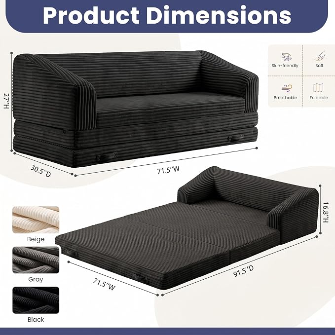JUIKURY Convertible Sofa Bed, 3-in-1 Foldable Loveseat Couch with Armrest, Corduroy Floor Sofa & Sleeper Bed, No Assembly High-Density Foam Futon Mattress for Living Room, Small Apartment, Dorm