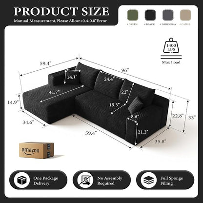 AUGOP 96" Sectional Couches for Living Room Modern Modular Sofa with L-Shape Couchs Upholstered Boneless Couch Deep Seat Sectional Couch with Chaise (Black, 96" Left Facing Chaise+2Seaters)