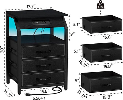SZLHANJZ End Tables Set of 2, Nightstands with Charging Station and LED Lights, 3 Drawers Fabric Bedside Table, Storage Side Tables for Bedside, Living Room, Modern Black