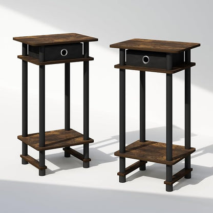 Furinno Turn-N-Tube Tall Nightstand with Bin, 2-Pack, Plastic Poles, Amber Pine/Black | Tall Narrow, Open Shelf Design Nightstand with Storage Bin, Bedside Table, End Table, Side Table, for Bedroom, Closet, Dorm