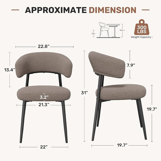 Dining Chairs Set of 2, Mid Century Modern Kitchen Chairs, Boucle Upholstered Dining Chair with Curved Backrest & Metal Legs for Kitchen Dining Room, Brown