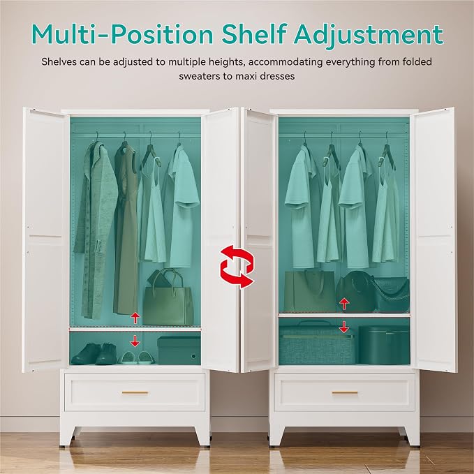 71" Tall Metal Armoire Wardrobe Closet,17.7" Deep By 31.5" Wide Portable Closet for Hanging Clothes,Wardrobe Cabinet with Drawer and Shelve for Bedroom Office Garage,White 1 Pack