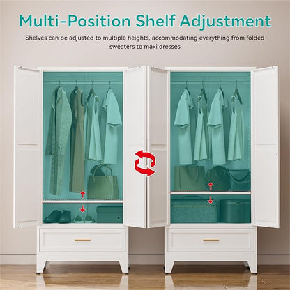 71" Tall Metal Armoire Wardrobe Closet,17.7" Deep By 31.5" Wide Portable Closet for Hanging Clothes,Wardrobe Cabinet with Drawer and Shelve for Bedroom Office Garage,White 1 Pack