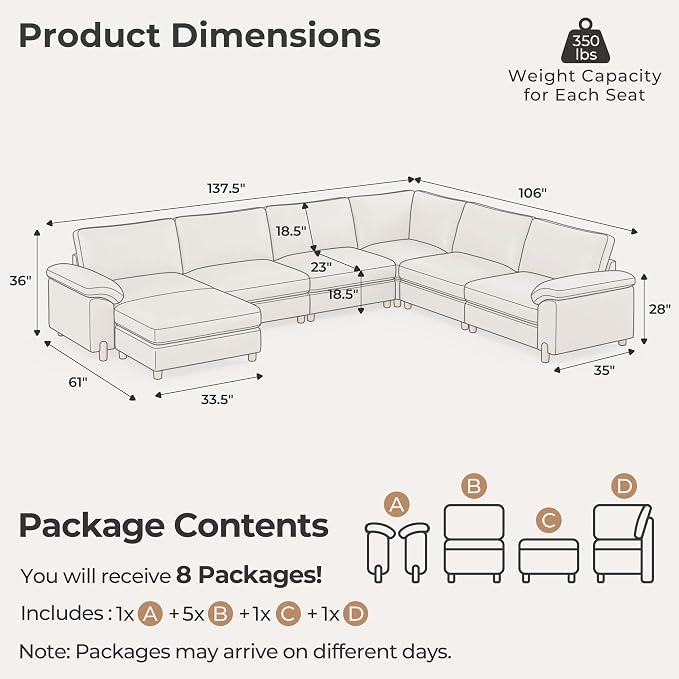 SITJOY Large Cloud Couch, 138" Wide 6 Seater U Shape, Faux Leather in White | Pet-Friendly Scratch-Resistant Leather Sectional Sofas for Living Room, Deep Seat Wide Couch with Chaise, Storage Ottoman