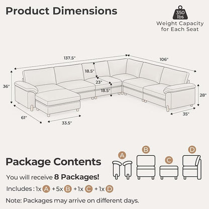 SITJOY Large Cloud Couch, 138" Wide 6 Seater U Shape, Faux Leather in White | Pet-Friendly Scratch-Resistant Leather Sectional Sofas for Living Room, Deep Seat Wide Couch with Chaise, Storage Ottoman