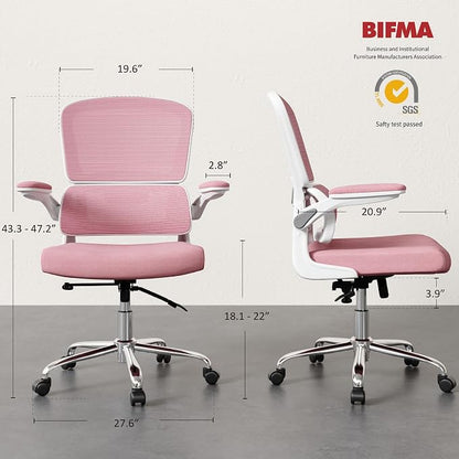 Office Chair, Ergonomic Desk Chair - Thick Cushion Adjustable Height Computer Chair with Lumbar Support and Flip-up Armrests, Pink Home Office Desk Chairs, Swivel Executive Task Chair…