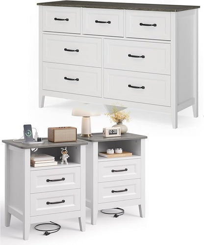 Gizoon 3 PCS Bedroom Furniture Set, 7 Drawer Dresser and 2 Nightstands with Charging Station, with Modern Grey Wooden Tabletop