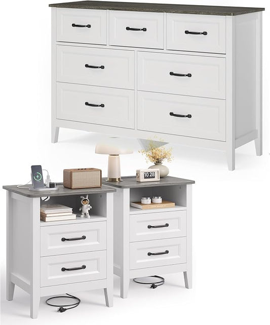 Gizoon 3 PCS Bedroom Furniture Set, 7 Drawer Dresser and 2 Nightstands with Charging Station, with Modern Grey Wooden Tabletop