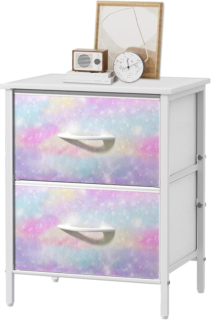 Stero Nightstand, Kids Dresser with 2 Drawers, Steel Frame Bedside Furniture, Wood Top Fabric Night Stand, Colorful End Table for Home, Bedroom, Office Tie-dye White