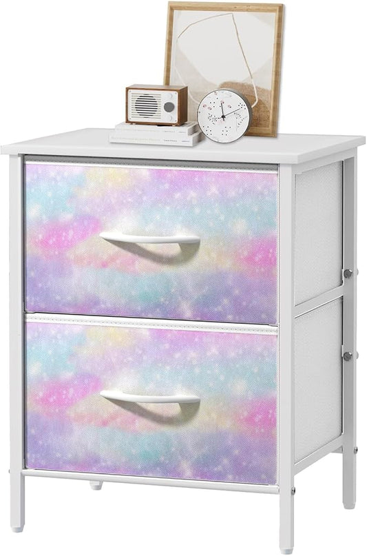 Stero Nightstand, Kids Dresser with 2 Drawers, Steel Frame Bedside Furniture, Wood Top Fabric Night Stand, Colorful End Table for Home, Bedroom, Office Tie-dye White