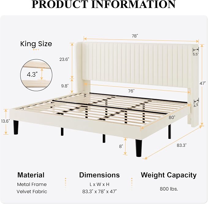 SHA CERLIN King Size Velvet Bed Frame with Vertical Channel Tufted Wingback Headboard, Upholstered Platform Bed with Wood Slats, No Box Spring Needed, Easy Assembly, Cream White