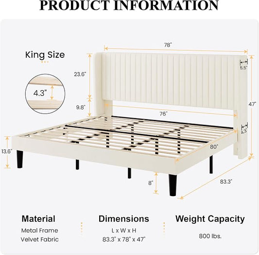 SHA CERLIN King Size Velvet Bed Frame with Vertical Channel Tufted Wingback Headboard, Upholstered Platform Bed with Wood Slats, No Box Spring Needed, Easy Assembly, Cream White