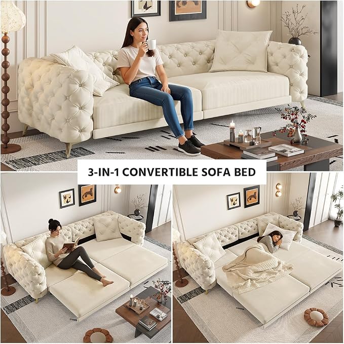 97.7" Convertible Queen Sleeper Sofa with Ottoman - Button Tufted Pull Out Sofa Bed, Velvet King Size Couch Bed & Vintage Deep Seat 4-Seater Couch for Small Spaces, Apartment & Living Room, Beige | Button Tufted