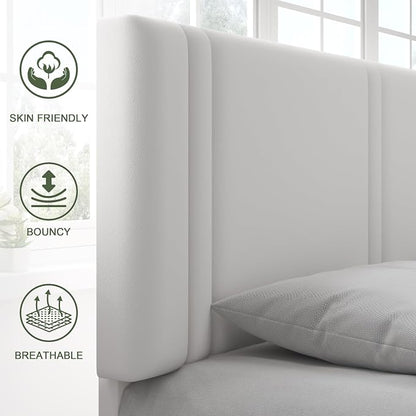 Feonase Queen Platform Bed Frame, Velvet Upholstered Queen Bed Frame, Solid Wood Slats & Heavy Duty Feet Support, No Box Spring Needed, Noise-Free, Easy Assembly, White