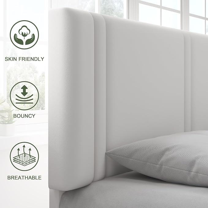 Feonase Full Size Platform Bed Frame, Velvet Upholstered Full Bed Frame, Solid Wood Slats & Heavy Duty Feet Support, No Box Spring Needed, Noise-Free, Easy Assembly, White
