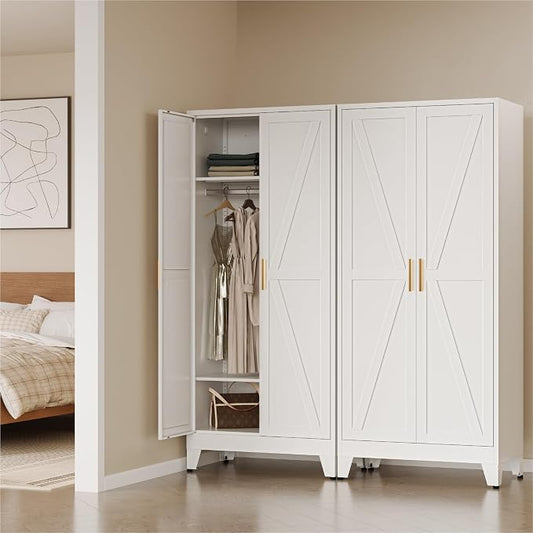 COFaR Metal Wardrobe Cabinet, 71" Farmhouse Storage Cabinet with Hanging Rod, 2 Barn Door, 2 Adjustable Shelves and Legs, for Bedroom, Laundry Room, Cloak Room, Gym, Office, School (White)