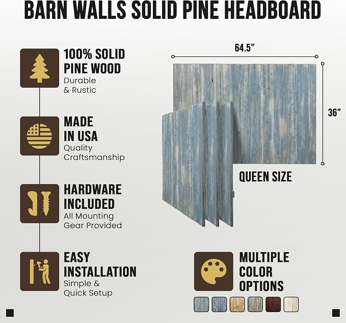 Barn Walls Solid Wood Queen Headboard, Wall Mounted Floating Fluted Headboard for Queen Bed Size, Farmhouse Rustic Mid Century Style, Low Profile Mount, Blue Powderwash, 64.5" L x 2" W x 36" H