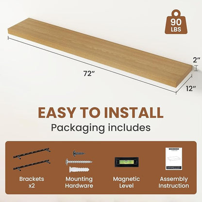 Vivelove 12" Deep Floating Shelves with Invisible Brackets, 72" Wall Shelves for Bathroom Bedroom Kitchen Living Room Laundry Room, Modern Rustic Shelves for Home Decor, 72"x12"x2", Set of 1, Oak