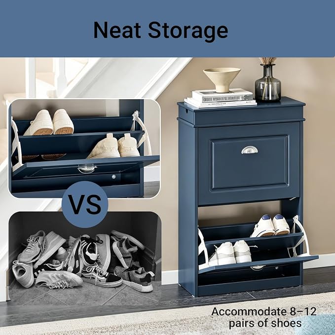 Haotian Slim Shoe Cabinet, Shoe Rack with Doors, Shoe Storage Cupboard Organizer Unit for Entryway 2 Flip-Drawers, Hallway and Bedroom Navy FSR78-B