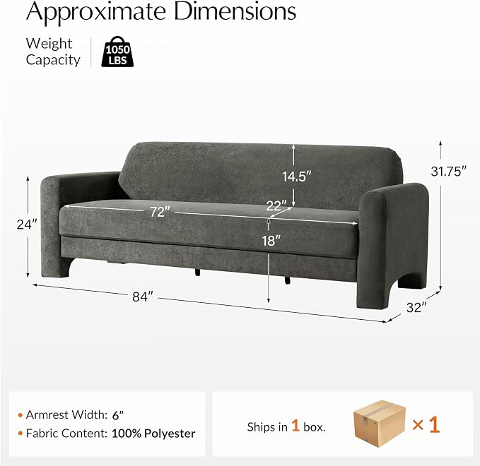HULALA HOME 84" Modern Curved Sofa, 3 Seater Sofa for Living Room, Grey | For Living Room