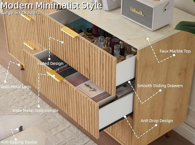 Fluted 6 Drawers Dresser for Bedroom with Faux Marble Top, 56" Wide Chest of Drawers Closet Clothes Storage Organizer, Modern TV Stand Dressers for Living Room, Hallway, Natural Oak
