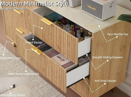 Fluted 6 Drawers Dresser for Bedroom with Faux Marble Top, 56" Wide Chest of Drawers Closet Clothes Storage Organizer, Modern TV Stand Dressers for Living Room, Hallway, Natural Oak