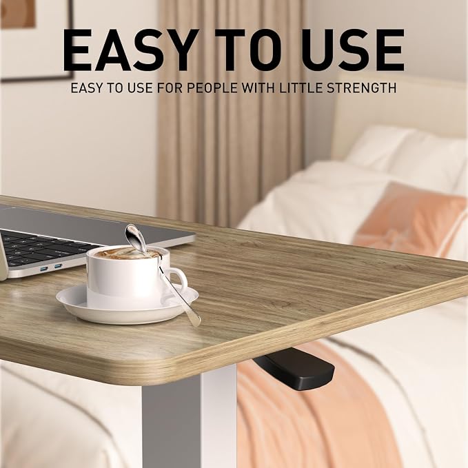 Ywin Medical Overbed Table with Wheels, Pneumatic Lift, Light Rustic Brown | Rolling Bedside Table, Adjustable Height 27–43Inch, Mobile Portable Laptop Desk Perfect for Home Use, Patient Care, Office
